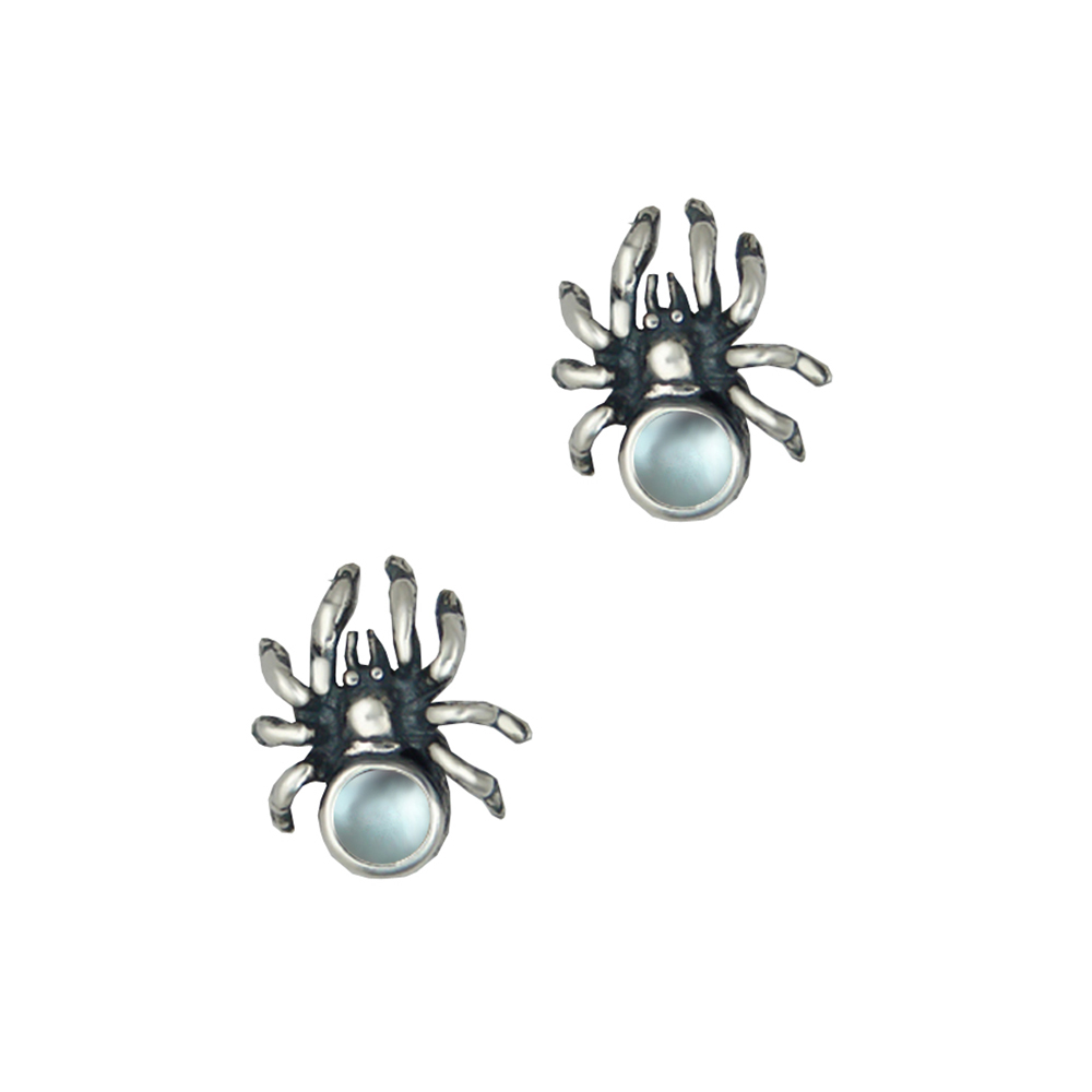 Sterling Silver Small Spider Post Stud Earrings With Blue Topaz